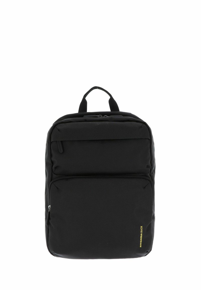Zaino nero realizzato in nylon testurizzato, dotato di manico superiore, due compartimenti con zip e un'accensione del logo gialla.
