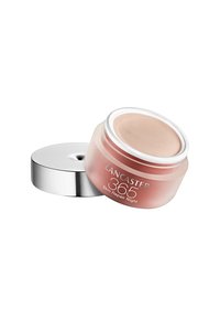 Lancaster 365 Skin Repair yövoide pyöreässä, himmeässä purkissa, jossa on hopeinen kansi. Pehmeä persikkaväri, sileä koostumus, minimaalinen brändäys etupuolella.