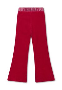 Rode corduroy flarebroek met een geribbelde textuur en een roze elastische tailleband met daarop herhaalde letters van het woord "LILY".