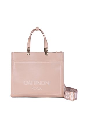 Borsa tote rettangolare rosa chiaro con doppie maniglie, tracolla larga removibile e logo "Gattinoni Roma" ricamato sulla tasca frontale.