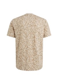 Kortærmet t-shirt i beige med et brunt abstrakt mønster overalt. Lavet af blødt, letvægtsstof og med en klassisk rund halsudskæring.