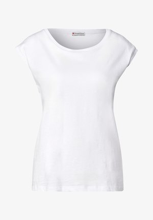 T-shirt en coton blanc avec des manches courtes en forme de cap, un col rond et une coupe décontractée. Pas de motifs ni d embellissements.
