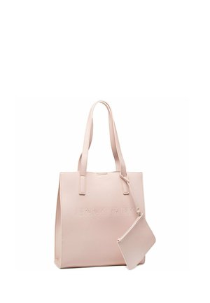 Borsa a sacco rosa chiaro con manici lunghi e pochette abbinata attaccata, con logo "JENNY FAIRY" in rilievo sul davanti.