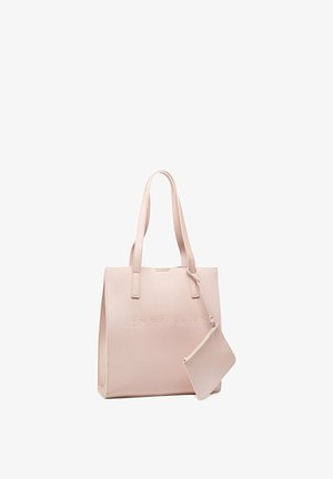 Borsa a sacco rosa chiaro con manici lunghi e pochette abbinata attaccata, con logo "JENNY FAIRY" in rilievo sul davanti.