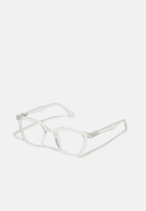 Clear rectangular eyeglasses with transparent frames and straight arms. Features subtle detailing on the temples. Lightweight design.
