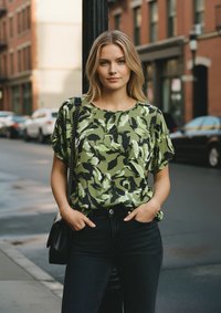 Grønne mønstrede skjorte med korte ærmer, afslappet fit, parret med high-waisted sorte jeans. Looket har en subtil glans og tekstureret stof.