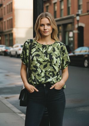 Zelená košile s krátkým rukávem a vzorem, volný střih, spojená s černými džíny s vysokým pasem. Outfit má jemný lesk a texturovanou látku.