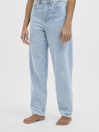 Light blue denim jeans with a high waist, straight leg, and faded texture. Features button closure and classic five-pocket design.