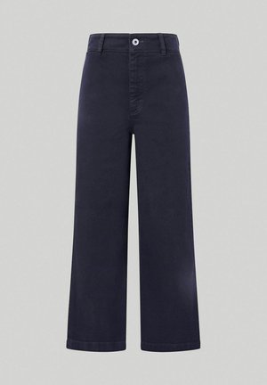 Weite marineblaue Hosen aus einem glatten Baumwollmix, mit einem vorderen Knopfverschluss und genähten Details entlang des Taillenbunds und der Taschen.