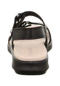Schwarze Leder-Sandale mit breiten Riemen, gepolstertem Fußbett und konturiertem Fußbett, mit Aussparungen für Atmungsaktivität und sicheren Sitz.