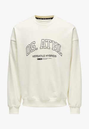 Sweatshirt de culoare crem, realizat dintr-o țesătură moale, cu guler rotund, manșete ribbate și text imprimat: "OS. ATHL VERSATILE HYBRIDS" afișat proeminent.
