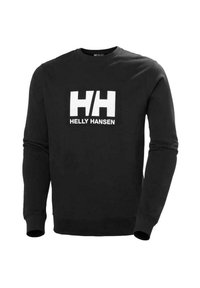 Černá mikina vyrobená z bavlny, s dlouhými rukávy, kulatým výstřihem a bílým logem "HH" s textem "HELly HANSEN" na přední straně.