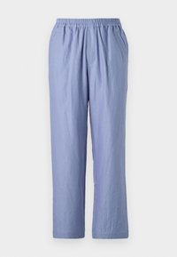 Hellblaue, locker sitzende Hose mit elastischem Bund, zwei Seitentaschen und geraden Beinen. Hergestellt aus weichem Material mit glatter Textur.
