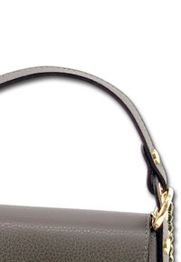 Gray leather handbag with a textured finish, a short handle, and gold-tone hardware accents. Features a chain detail at the attachment.