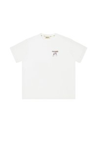 Witte katoenen t-shirt met korte mouwen en een ronde hals, met een klein lintdetail op de borst met gedrukte tekst.
