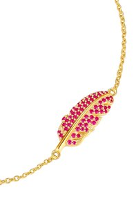 Guldfjäderhänge med rosa rhinstenar, med en delikat kedja och intrikata detaljer på fjäderdessignen.