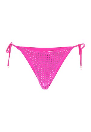 Pink bikini bottom featuring a mesh design with silver studs. Ties on each side for adjustable fit. Smooth, stretchy material.