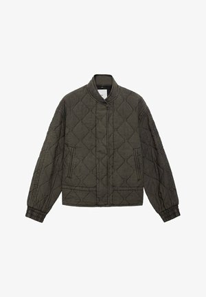 Zelena prešita bomber jakna s okroglim izrezom, elastičnimi manšetami in dvema stranskima žepoma. Ima diamanten vzorec in ohlapen kroj.