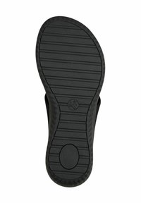Black shoe sole with a textured design, featuring grooves and a circular accent. Reinforced edges for durability.