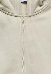 Felpa con zip color beige e colletto alto. Presenta una zip centrale e un tessuto morbido e liscio. Senza pattern o accenti visibili.