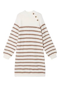 Robe tricotée avec des rayures horizontales brunes sur fond blanc, col montant et boutons sur le côté. Manches longues bouffantes avec des poignets côtelés.