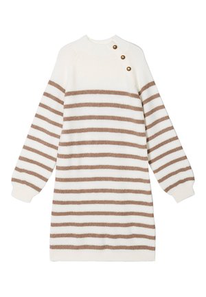 Abito a maglia con righe orizzontali marroni su sfondo bianco, colletto alto e bottoni laterali. Maniche lunghe a sbuffo con polsini a coste.