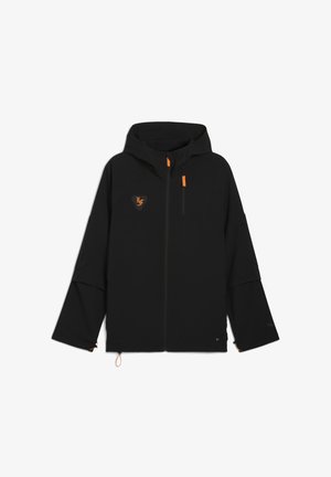 Sort jakke med hætte, der har orange detaljer og logo. Lavet af glat stof, den har lange ærmer og lynlås lukning foran.
