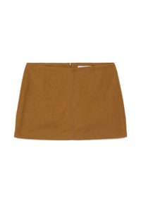 Mini gonna in finta suede marrone con design dritto, dotata di due tasche frontali e chiusura con zip sul retro. Texture liscia e cuciture pulite.