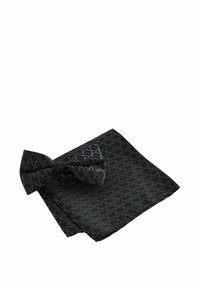Black bow tie and matching pocket square featuring a textured pattern with dark blue accents. Both items are made from fabric.