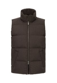 Podložena brezrokavnik v temno rjavi tkanini z visokim ovratnikom, sprednjim zadrgo in stranskimi žepi. Gladka tekstura z okrasnim prešitim vzorcem.