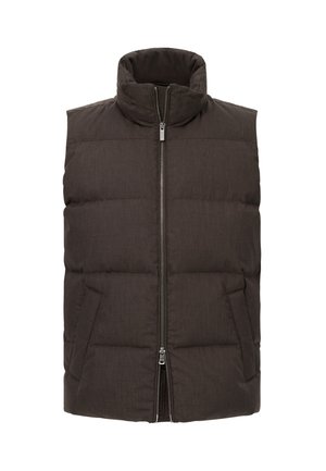 Polstret vest i mørkebrunt stof med høj krave, frontlynlås og side lommer. Glat tekstur med quiltet paneldesign.