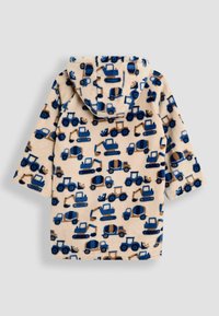 Fleece hættejakke med en beige baggrund og mønstre af blå og brune lastbiler og byggepladskøretøjer. Blød tekstur, løs pasform.