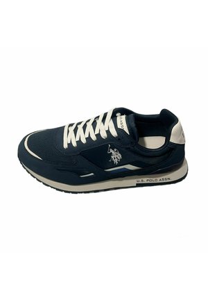 Scarpe sportive da uomo blu navy realizzate in mesh e materiali sintetici, con lacci bianchi, logo e una suola con motivo. Design durevole.