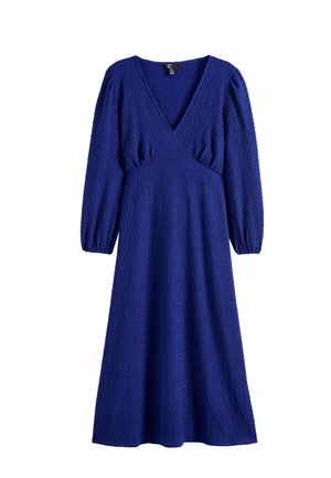 Long-sleeve midi dress in royal blue with textured fabric, deep V-neckline, slightly puffed sleeves, and a fitted waist.
