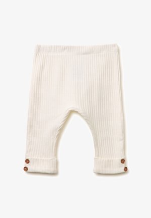 Leggings per bambini color crema a coste con orli risvoltati e due bottoni marroni su ogni polsino, mostrati su sfondo bianco.