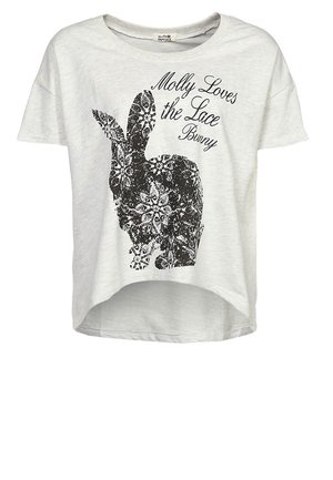 Chemise blanche à manches courtes avec un motif de lapin en dentelle noire et le texte cursif "Molly Loves the Lace Bunny" sur le devant.