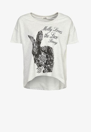 Chemise blanche à manches courtes avec un motif de lapin en dentelle noire et le texte cursif "Molly Loves the Lace Bunny" sur le devant.