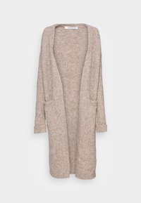 Cardigan tricoté de couleur beige mélangé avec une ouverture sur le devant, des manches longues et des poignets retroussés. Il comporte deux poches frontales. Texture douce.