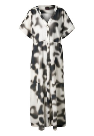 Robe maxi courte à manches courtes boutonnée, motif abstrait noir et blanc, col en V et jupe à étages.