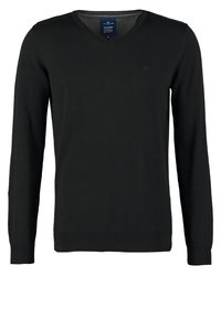 Pull noir pour homme à col en V et manches longues, avec poignets et ourlet côtelés, taille moyenne, fabriqué par Tom Tailor.