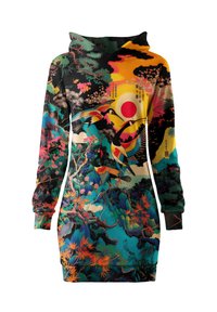 Hooded long-sleeve dress featuring colorful graphic print of cranes, trees, and a sun, with vibrant blue, red, yellow, and green hues.