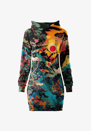 Hooded Langarmkleid mit buntem Grafikdruck von Kranichen, Bäumen und einer Sonne, in leuchtenden Blau-, Rot-, Gelb- und Grüntönen.