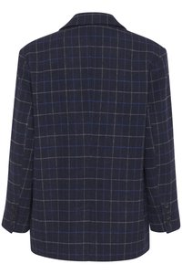 Blazer z vlněné směsi, modro-šedý kockovaný vzor, s klopami, dlouhými rukávy s knoflíkovými manžetami a jedním rozparkem vzadu.