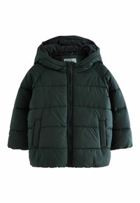 Mørkegrøn pufferjakke med hætte, featuring en frontlynlås, horisontal syning og sidelommer. Fremstillet af blødt, polstret materiale.