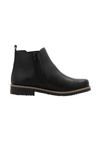 Botte chelsea en cuir noir avec une fermeture éclair sur le côté, bout arrondi, semelle en caoutchouc texturé, et un contour marron contrastant autour de la base.
