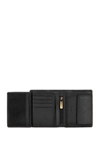 Zwarte lederen portemonnee met een tekstuurafwerking, met meerdere kaartvakken, een ritscompartiment en een extern ID-venster.