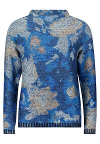Langärmliger Strickpullover mit abstraktem Blumenmuster in Blau, Grau und Beige sowie hohem Kragen.