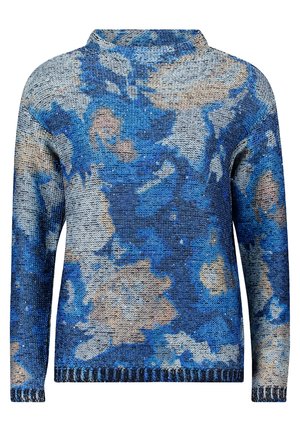 Maglione a maniche lunghe lavorato a maglia con motivo floreale astratto in blu, grigio e beige e colletto alto.