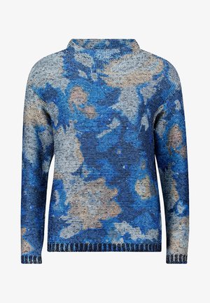 Sweter z długim rękawem, dziergany, w niebiesko-szaro-beżowy abstrakcyjny wzór kwiatowy oraz wysoki kołnierz.