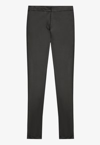 Black, fitted trousers made from a smooth material with a flat waistband and no visible pockets, featuring a simple design with straight legs.
